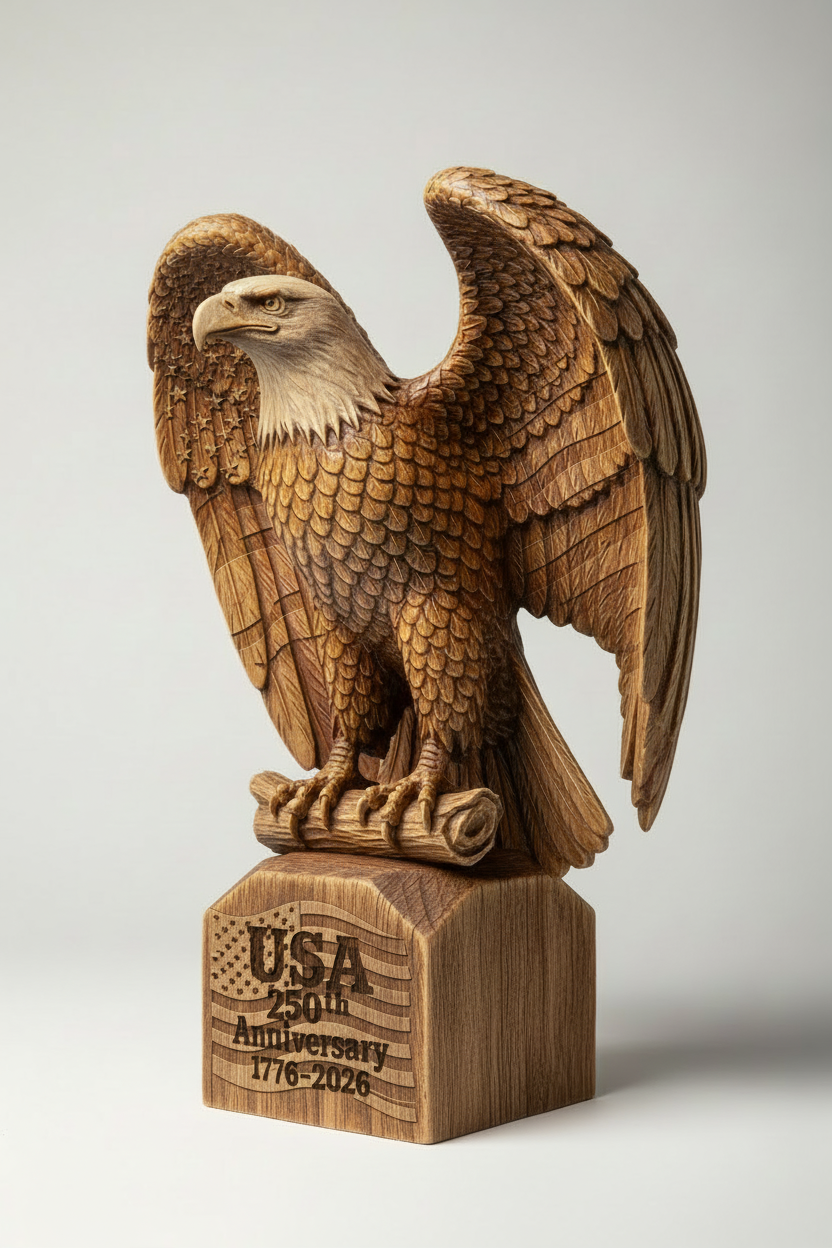 Rustic Wood American Eagle 250th Anniversary Sculpture with engraved flag and pedestal