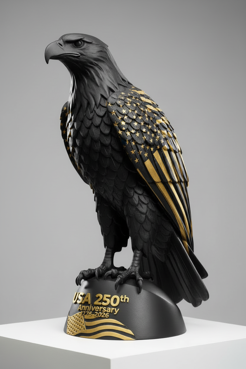 Modern Black Eagle with Gold-Engraved Flag & 250th Anniversary Logo