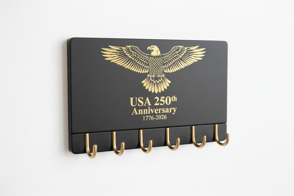 Modern Black American Eagle 250th Anniversary Car Key Holder with 5 gold hooks and gold-engraved American flag