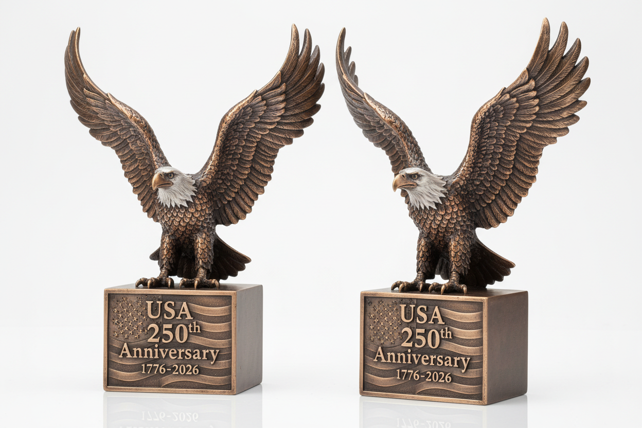 USA 250th Anniversary Antique Bronze Eagle Bookends set of 2 with engraved American flag