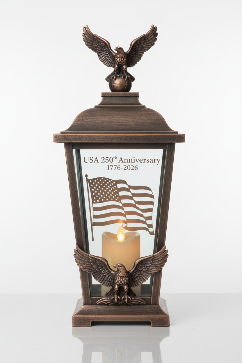 USA 250th Anniversary Antique Bronze Patriotic Lantern with engraved American flag and eagle motif