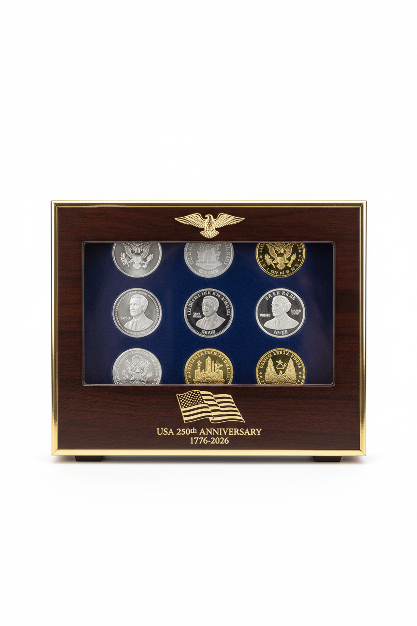 USA 250th Anniversary Commemorative Coin Display Case in dark walnut and gold with glass front and velvet interior