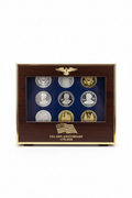 USA 250th Anniversary Commemorative Coin Display Case in dark walnut and gold with glass front and velvet interior
