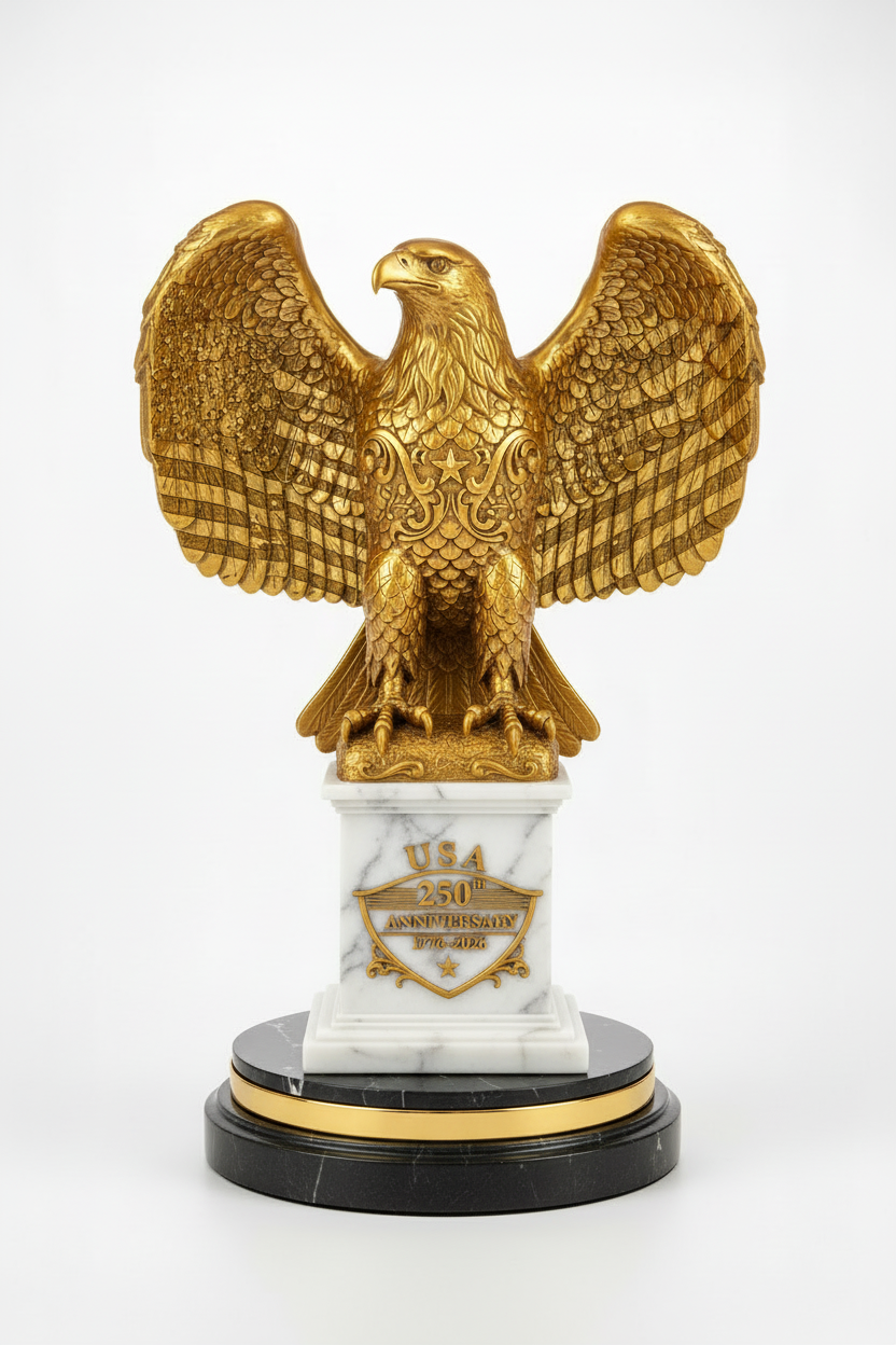 Gold American Eagle 250th Anniversary Sculpture with engraved flag and marble pedestal