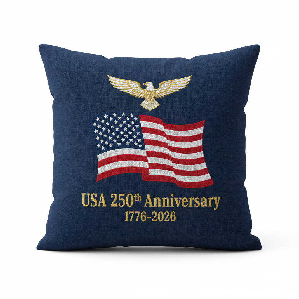 USA 250th Anniversary Patriotic Throw Pillow in navy blue with embroidered American flag and gold eagle emblem