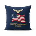 USA 250th Anniversary Patriotic Throw Pillow in navy blue with embroidered American flag and gold eagle emblem