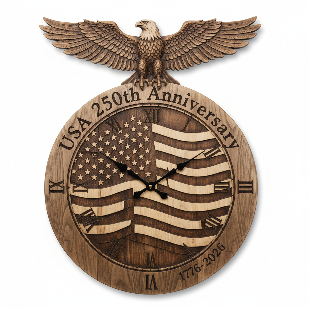 Rustic Wood American Eagle 250th Anniversary Wall Clock with engraved flag and Roman numerals