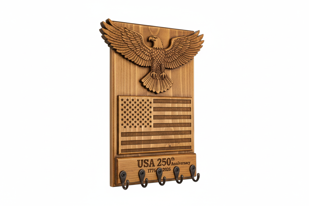 Rustic Wood American Eagle 250th Anniversary Car Key Holder with 5 iron hooks and engraved American flag