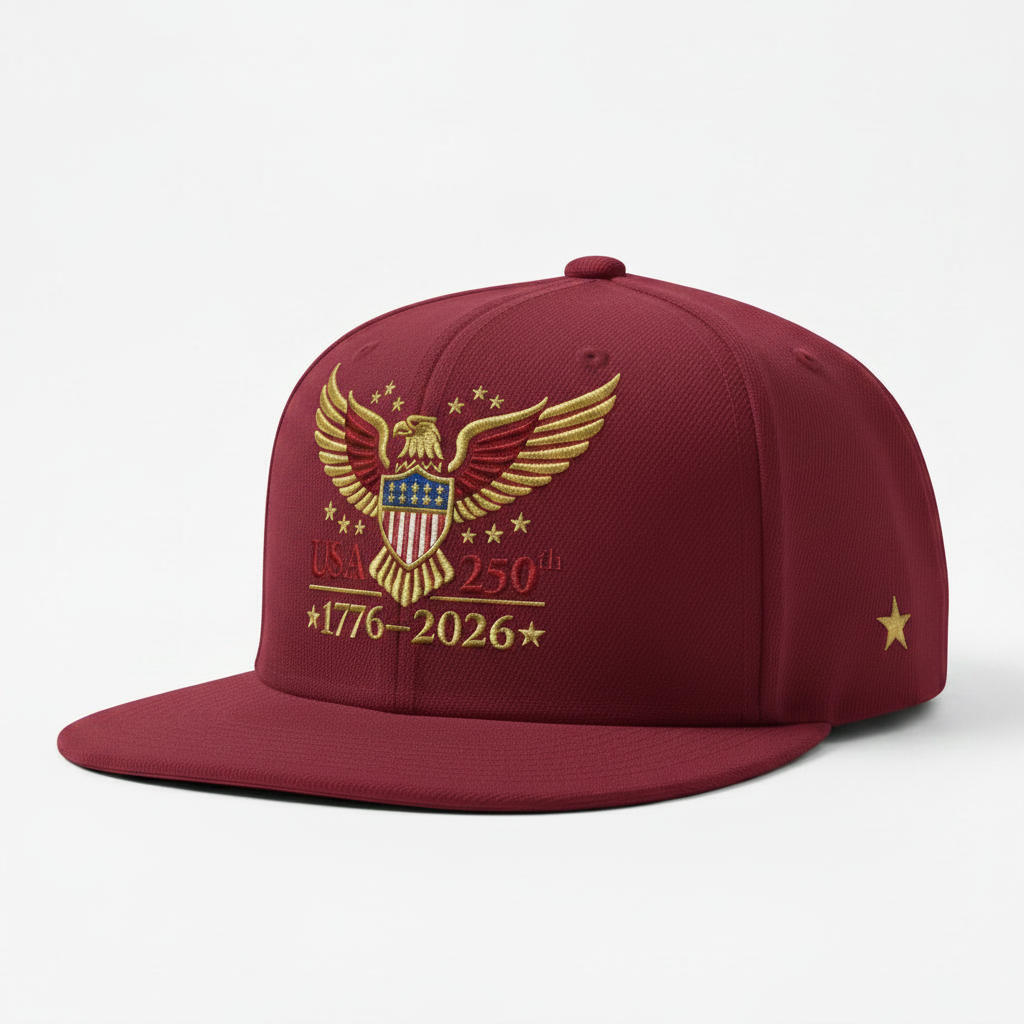 Crimson red USA 250th Anniversary snapback hat side shot