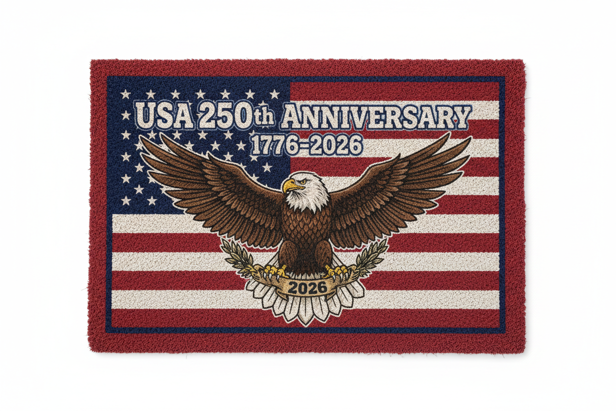 USA 250th Anniversary Patriotic Welcome Doormat with woven American flag and eagle emblem