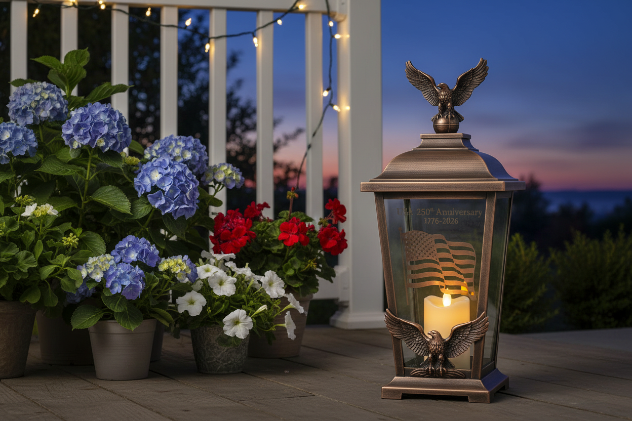 USA 250th Anniversary Antique Bronze Patriotic Lantern - outdoor lifestyle glowing
