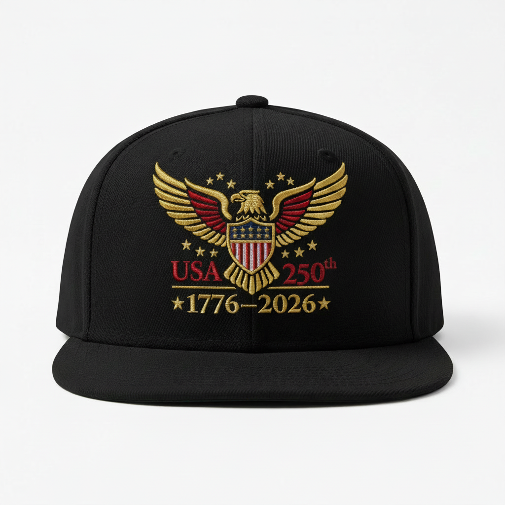 USA 250th Anniversary black snapback hat with gold and red eagle embroidery