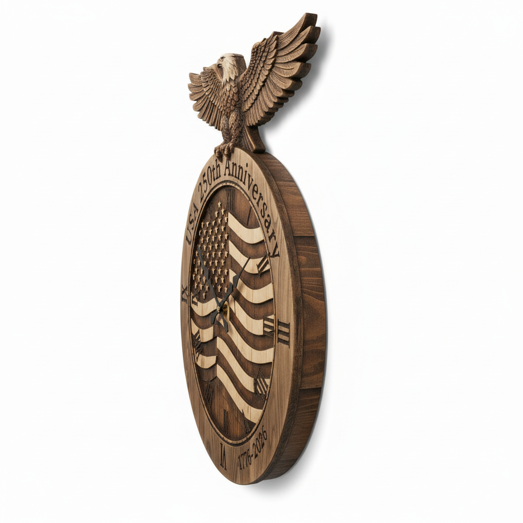 Rustic Wood American Eagle 250th Anniversary Wall Clock - side angle