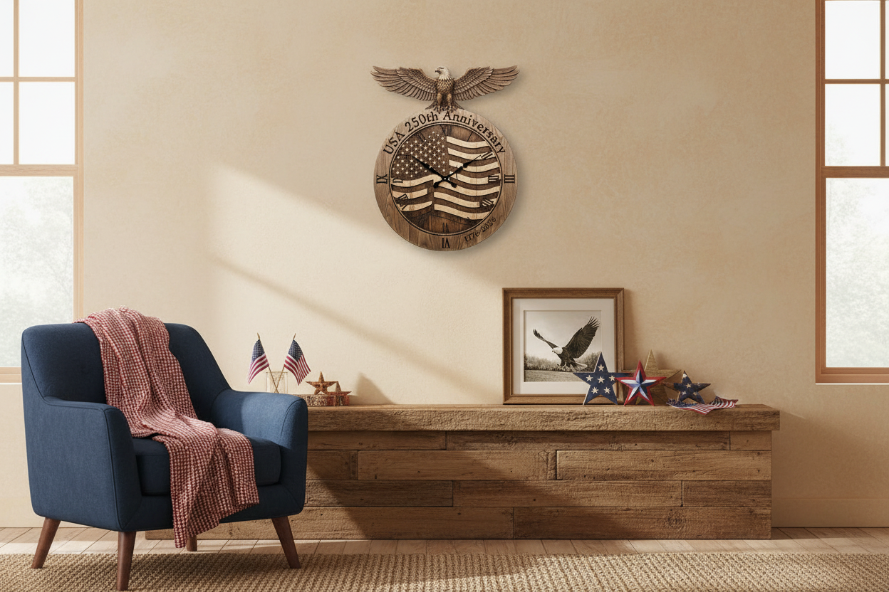 Rustic Wood American Eagle 250th Anniversary Wall Clock - lifestyle wall setting