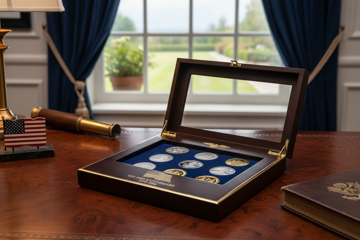 USA 250th Anniversary Commemorative Coin Display Case - open with coins lifestyle