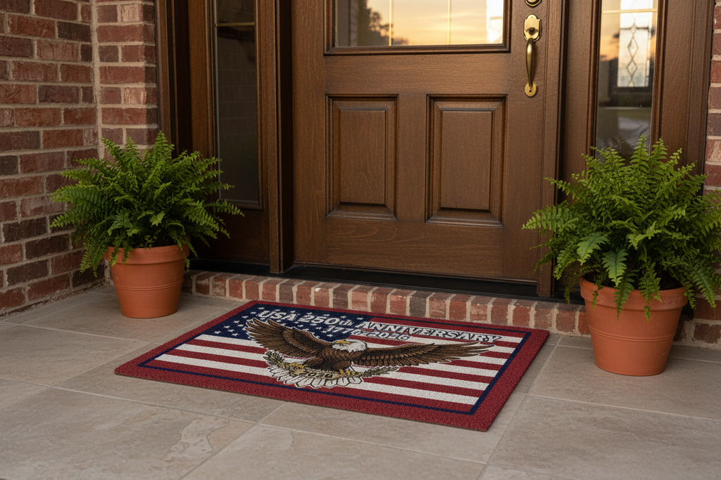 USA 250th Anniversary Patriotic Welcome Doormat - front door lifestyle