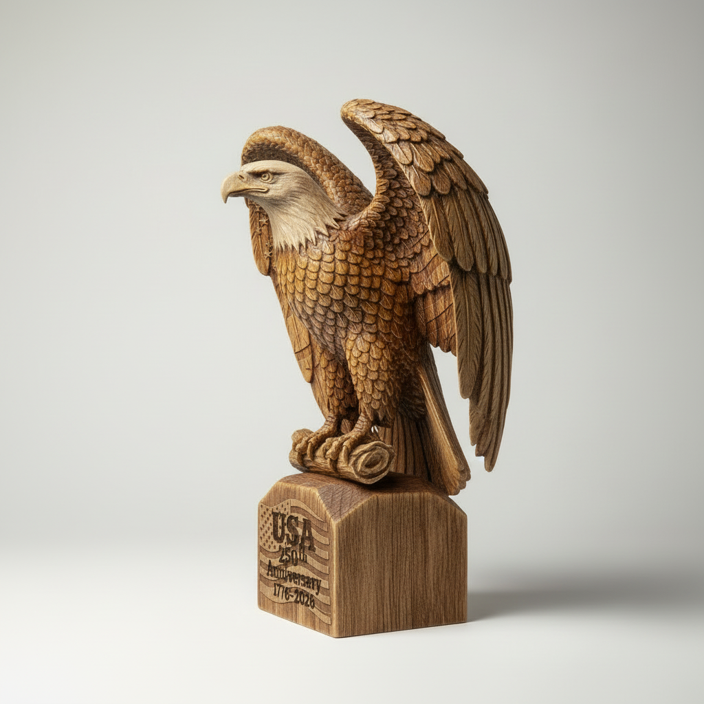 Rustic Wood American Eagle 250th Anniversary Sculpture - side angle