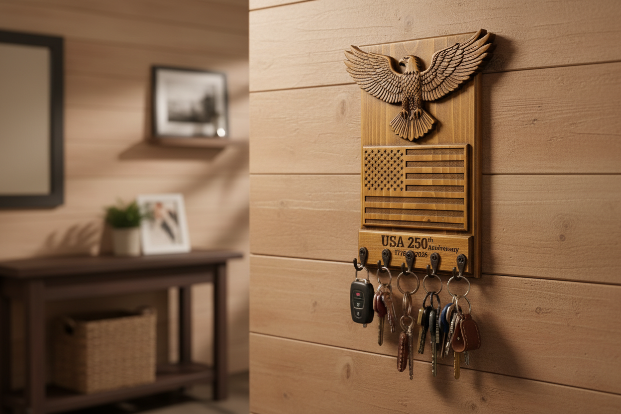 Rustic Wood American Eagle 250th Anniversary Car Key Holder - lifestyle entryway