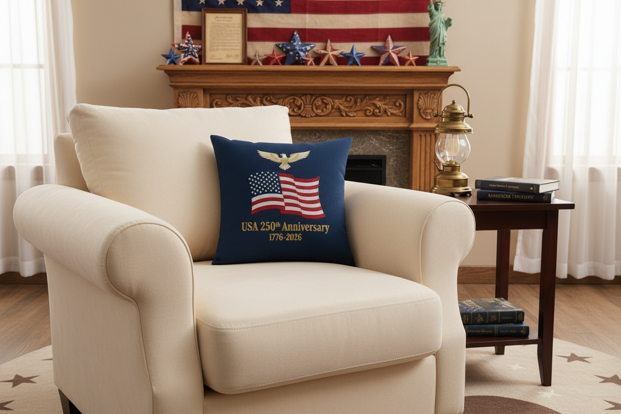 USA 250th Anniversary Patriotic Throw Pillow - lifestyle couch setting