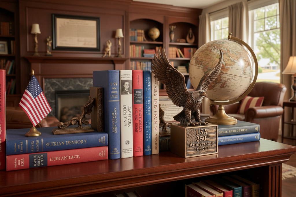 USA 250th Anniversary Antique Bronze Eagle Bookends - lifestyle bookshelf setting