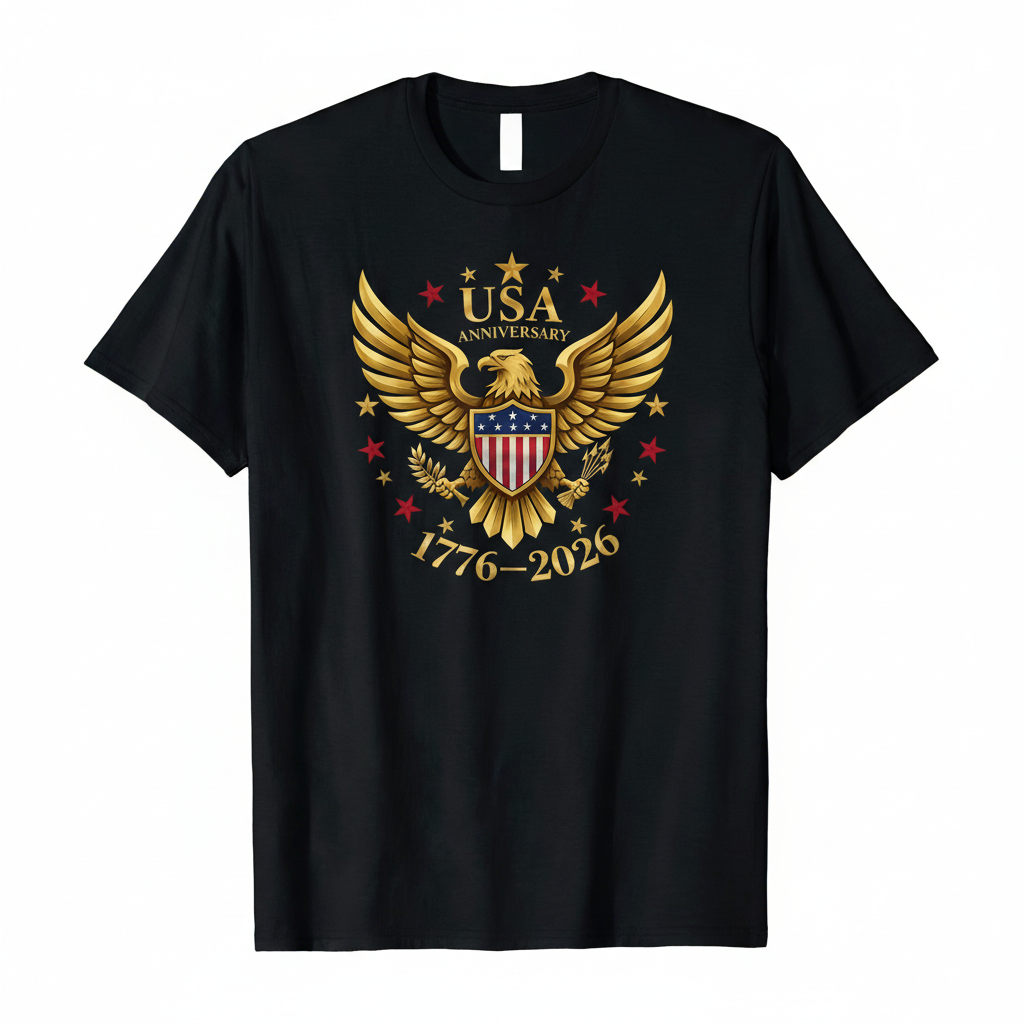 USA 250th Anniversary black t-shirt with gold and red eagle graphic