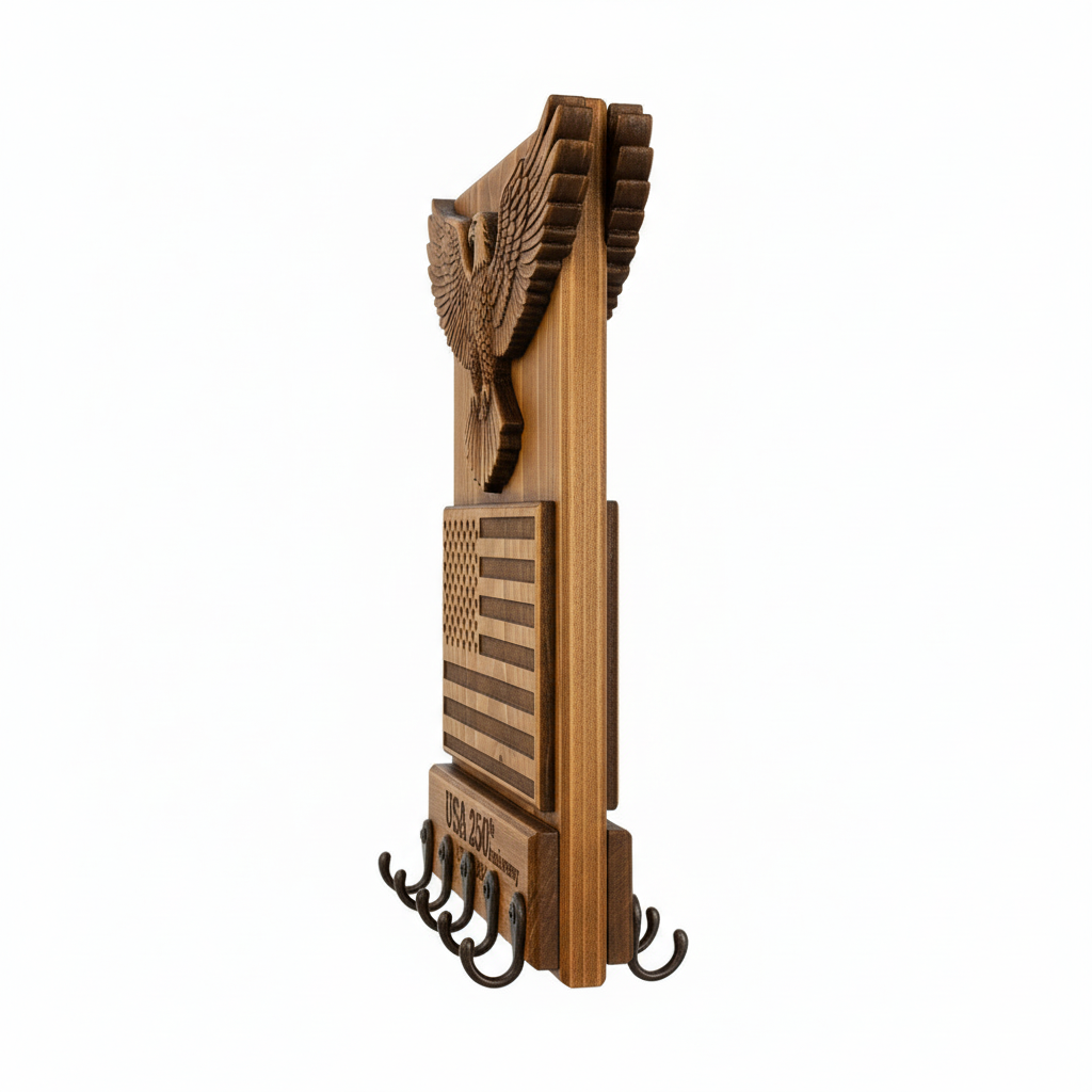 Rustic Wood American Eagle 250th Anniversary Car Key Holder - side angle