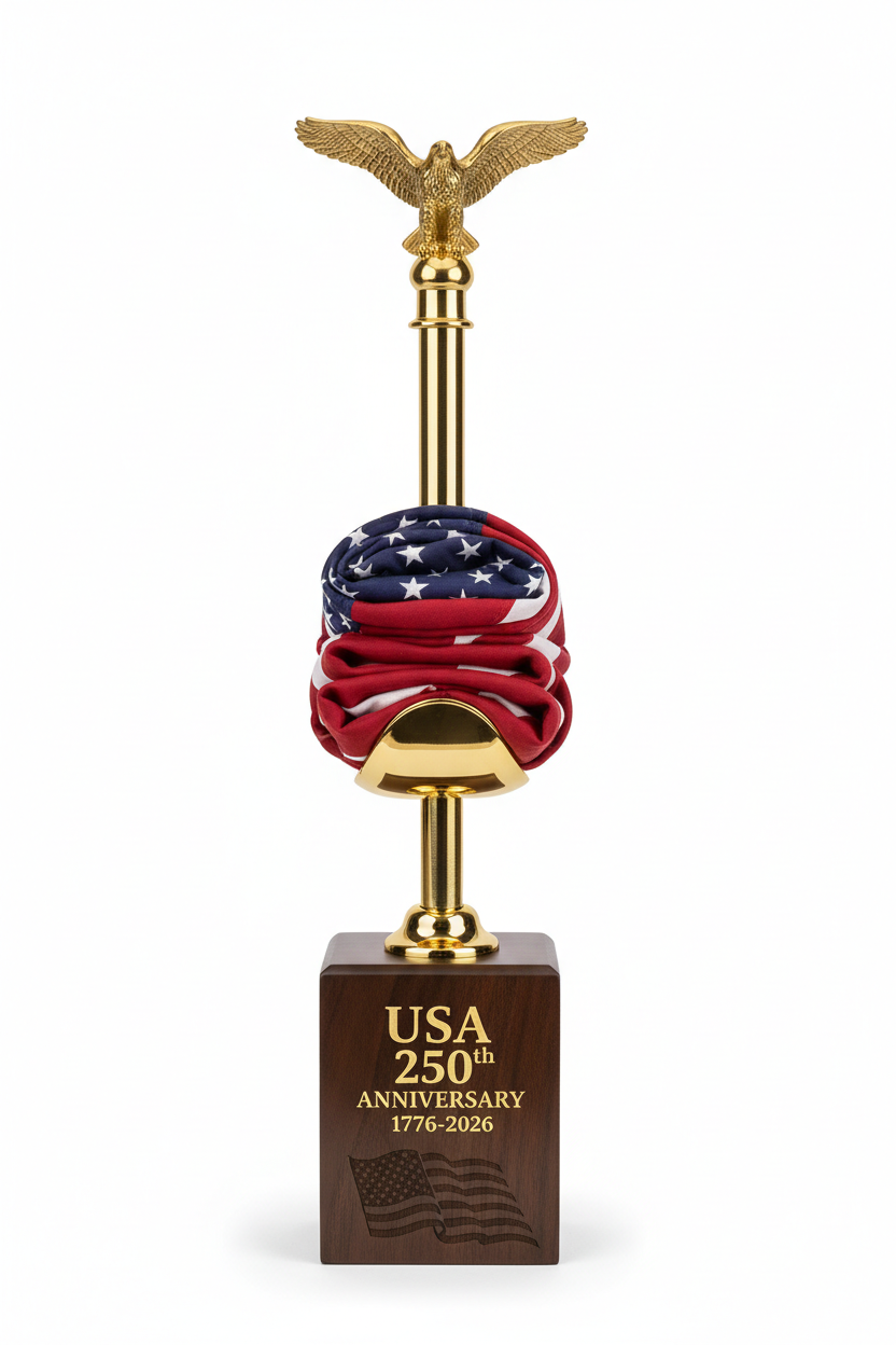 USA 250th Anniversary Gold and Walnut Patriotic Flag Stand with eagle finial and engraved base