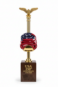 USA 250th Anniversary Gold and Walnut Patriotic Flag Stand with eagle finial and engraved base