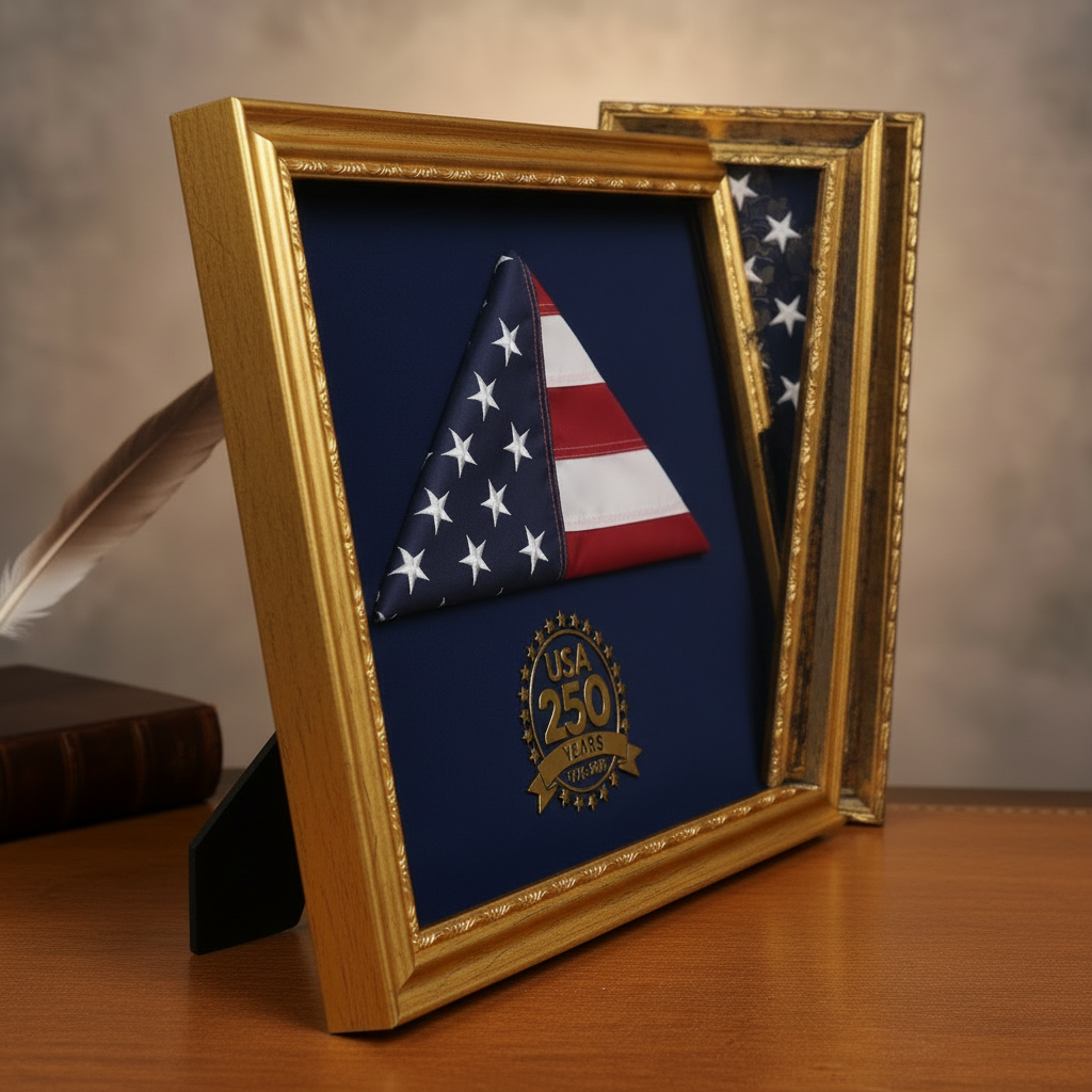 Gold Trim American Flag 250th Anniversary Photo Frame - side angle view